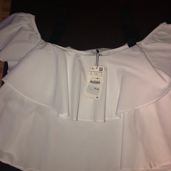 ZARA white ruffle bardot top with black straps - Picture 7 of 7